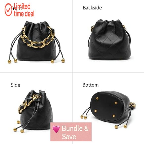 Mini Lambskin Quilted Bucket Bag with Chain Strap & Drawstring Closure - Picture 6 of 8